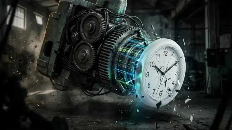 A digital illustration of a heavy, industrial machine being forced into a small, fragile plastic office clock. The clock is cracking under the weight of gears and data streams. Dark, gritty atmosphere with high contrast.