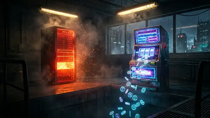 A glowing red server rack melting down while a slot machine dispenses digital tokens into a bottomless pit, cyberpunk aesthetic, harsh lighting, gritty realism.