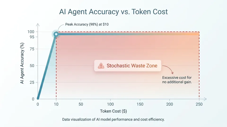 Line chart showing AI agent accuracy vs token cost. Accuracy peaks early at $10, then flatlines completely while the cost axis skyrockets to $250. The flatline area is labeled 'Stochastic Waste Zone'.