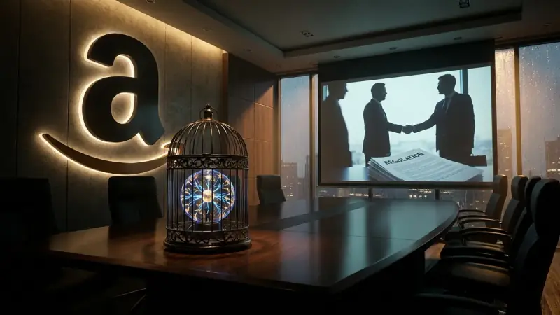 A dark, cinematic corporate boardroom. A massive Amazon logo looms in the background. In the center, a glowing, neural-network brain is trapped inside a heavy iron birdcage. Shadows of suits shake hands over a document labeled 'Regulation'.