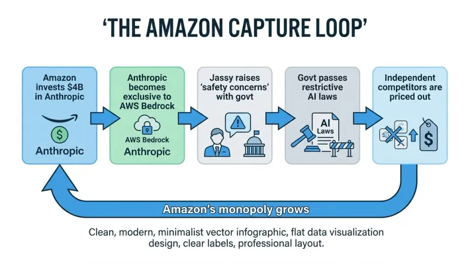 A flow chart titled 'The Amazon Capture Loop'. Box 1: Amazon invests $4B in Anthropic. Arrow to Box 2: Anthropic becomes exclusive to AWS Bedrock. Arrow to Box 3: Jassy raises 'safety concerns' with govt. Arrow to Box 4: Govt passes restrictive AI laws. Arrow to Box 5: Independent competitors are priced out. Arrow back to Box 1: Amazon's monopoly grows.
