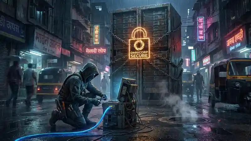 A gritty, cyberpunk-inspired visual of a massive server rack wrapped in chains with a glowing padlock shaped like a corporate logo. In the foreground, a defiant programmer in a dimly lit Mumbai street is cutting a glowing blue ethernet cable, plugging it into a makeshift, open-source terminal.