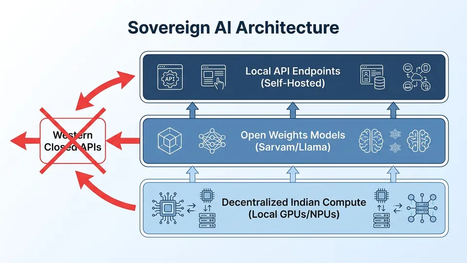 A layered clinical flow chart titled 'Sovereign AI Architecture'. Bottom layer: 'Decentralized Indian Compute (Local GPUs/NPUs)'. Middle layer: 'Open Weights Models (Sarvam/Llama)'. Top layer: 'Local API Endpoints (Self-Hosted)'. Red arrows point away from a crossed-out box labeled 'Western Closed APIs'.