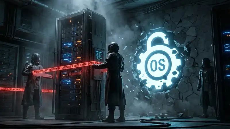 A dramatic, cyberpunk-style server rack being wrapped in glowing red caution tape by faceless government agents, while a glowing open-source logo breaks through a concrete wall in the background.
