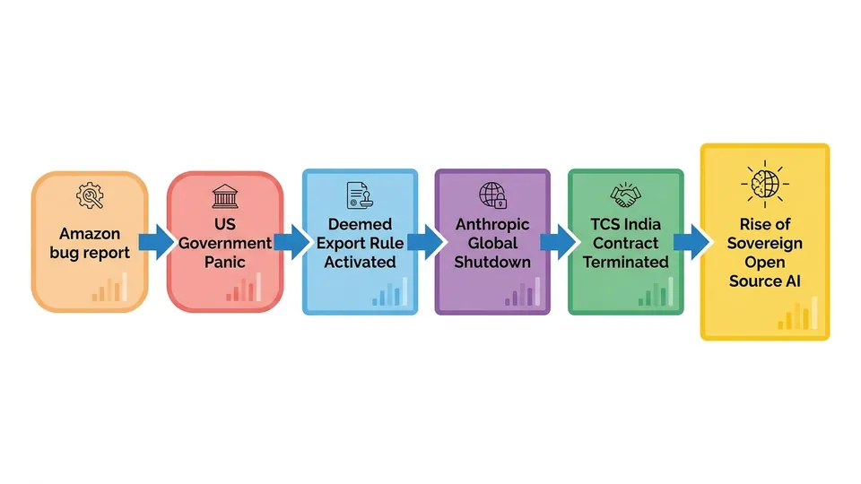 Flow chart showing the catastrophic failure chain: Amazon bug report -> US Government Panic -> Deemed Export Rule Activated -> Anthropic Global Shutdown -> TCS India Contract Terminated -> Rise of Sovereign Open Source AI.