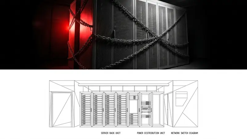 A stark, high-contrast black and white photograph of a server rack wrapped in heavy steel chains, illuminated by a single harsh red light.