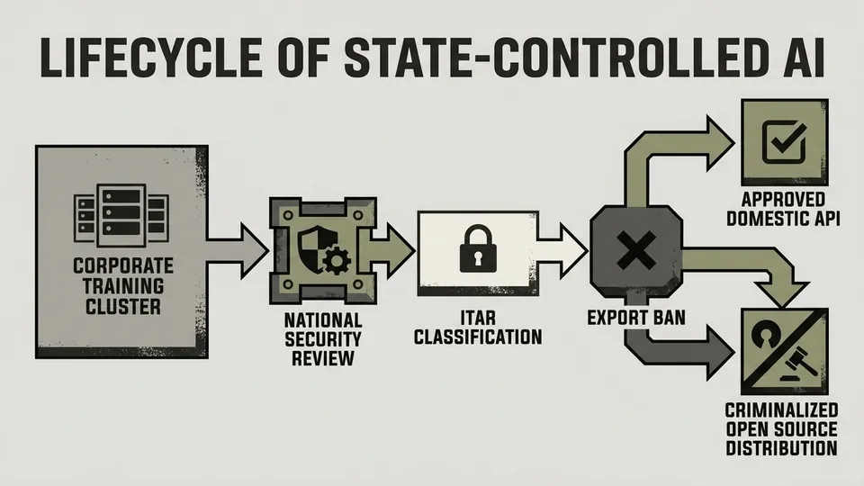 A technical flow chart with a brutalist design aesthetic. It traces the 'Lifecycle of State-Controlled AI'. Nodes include: 'Corporate Training Cluster', 'National Security Review', 'ITAR Classification', and 'Export Ban'. The final node branches into 'Approved Domestic API' and 'Criminalized Open Source Distribution'.
