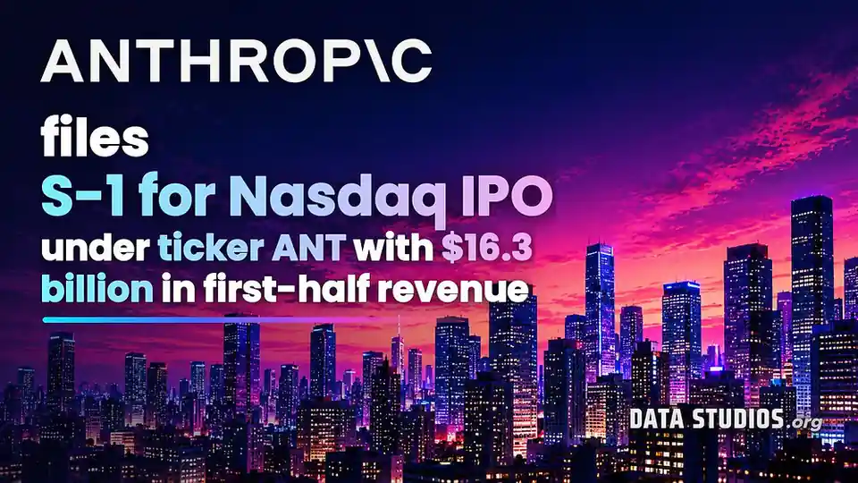 Graphic detailing Anthropic's S-1 filing for a Nasdaq IPO with $16.3 billion in revenue under ticker ANT.