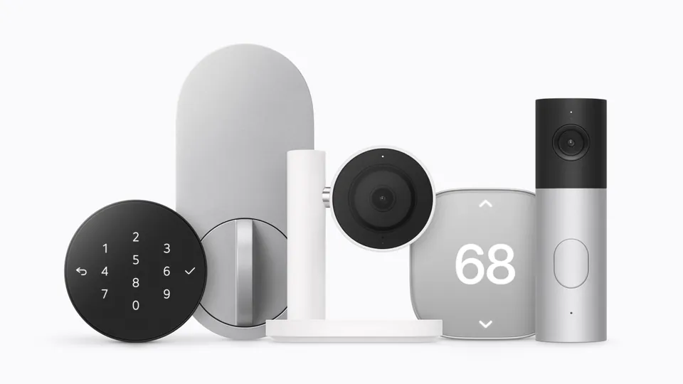 A lineup of smart home devices featuring security cameras, thermostats, and smart locks.