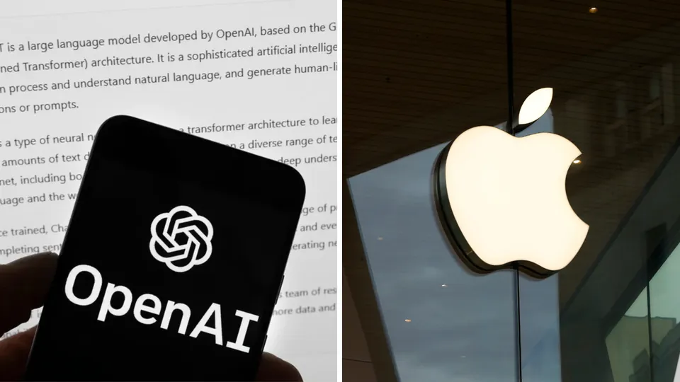 The logos of OpenAI and Apple represent the intensifying rivalry over the future of artificial intelligence and hardware.