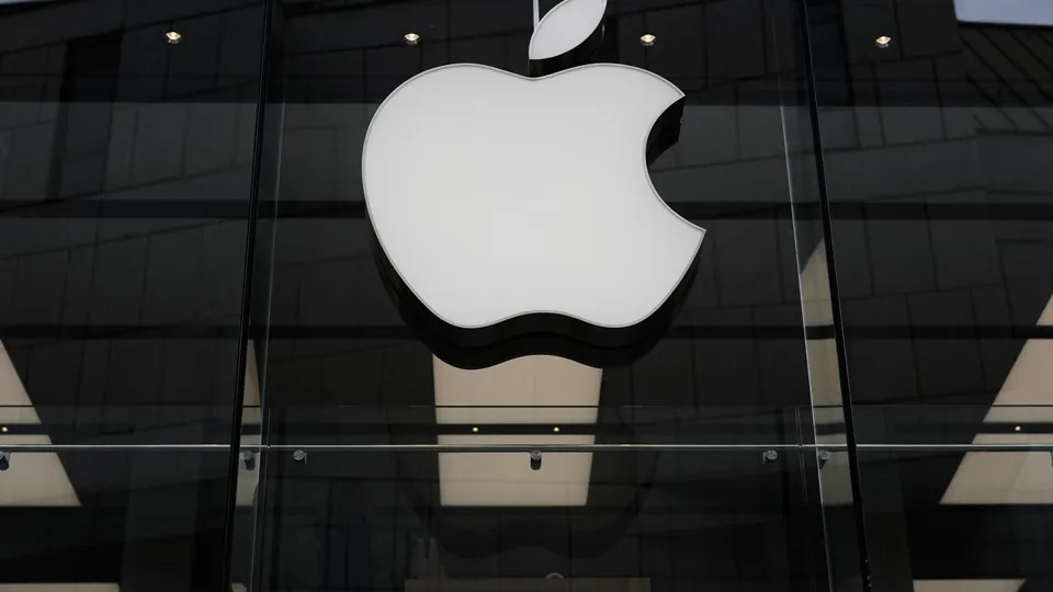 The Apple logo displayed on a modern storefront, symbolizing its established position in the tech hardware market.