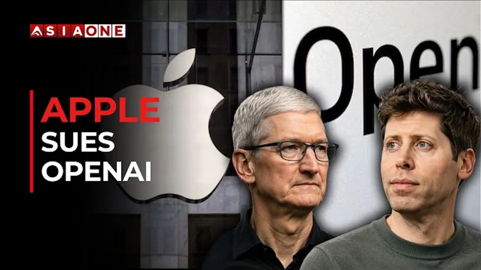 An editorial graphic representing the legal tension between Apple and OpenAI.