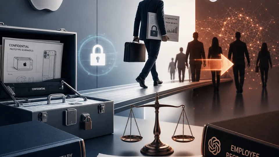 An editorial illustration representing the legal clash between Apple and OpenAI over proprietary technology and talent.