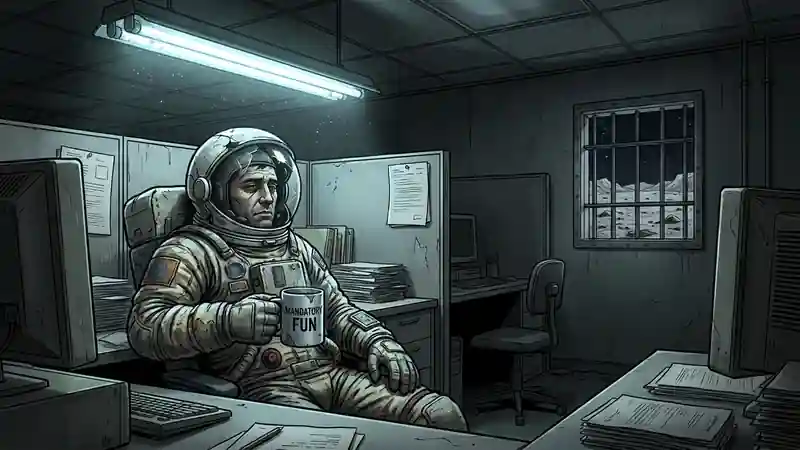 A cynical, high-contrast digital illustration of an astronaut sitting in a cramped, gray office cubicle under flickering fluorescent lights, holding a 'Mandatory Fun' coffee mug, with a lunar landscape visible only through a tiny, barred window.
