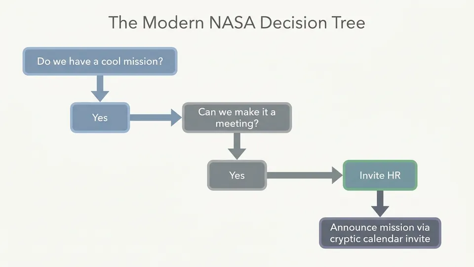 Flowchart titled 'The Modern NASA Decision Tree'. Start box: 'Do we have a cool mission?'. Arrow to 'Yes' leads to 'Can we make it a meeting?'. Arrow to 'Yes' leads to 'Invite HR'. Final box: 'Announce mission via cryptic calendar invite'.