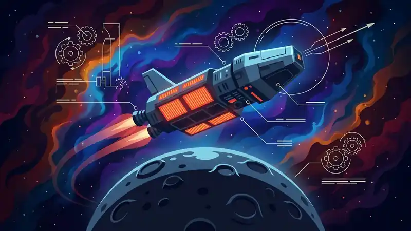 A highly conceptual, dramatic visual showing a brutally realistic spacecraft with glowing thermal radiators executing a precise orbital burn over a dark, cratered moon, avoiding all flashy cinematic laser battles.