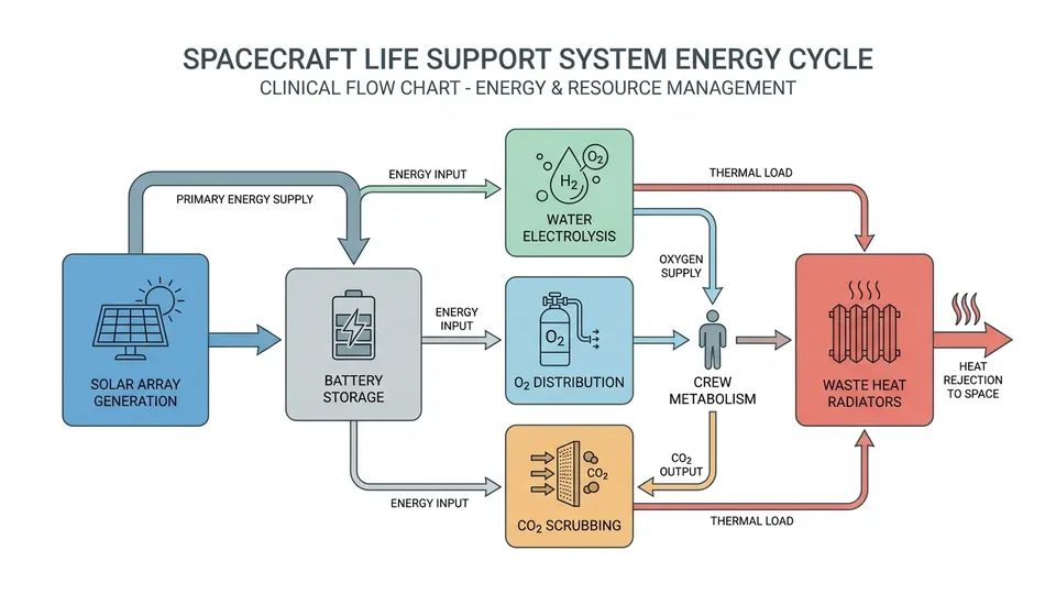 A clinical flow chart showing the energy cycle of a realistic spacecraft life support system. Boxes include: Solar Array Generation, Battery Storage, Water Electrolysis, O2 Distribution, CO2 Scrubbing, and Waste Heat Radiators.