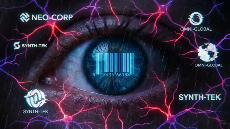 A dark, cinematic close-up of a human eye with a digital barcode printed on the iris, surrounded by glowing neon neural network lines and flickering corporate logos in a glitchy, cyberpunk style.