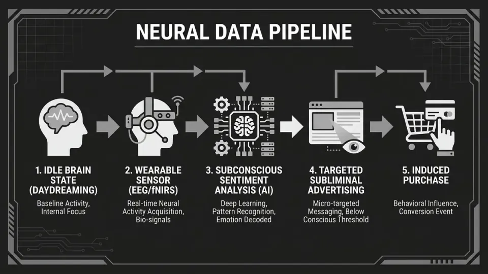 A flow chart showing the 'Neural Data Pipeline'. Labels: 1. Idle Brain State (Daydreaming), 2. Wearable Sensor (EEG/fNIRS), 3. Subconscious Sentiment Analysis (AI), 4. Targeted Subliminal Advertising, 5. Induced Purchase. Style: Industrial, monochrome, high contrast.