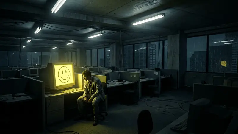 A stark, high-contrast photo of a depressed office worker staring at a glowing computer screen that displays a single, massive, patronizing yellow smiley face. Harsh fluorescent lighting, dystopian corporate atmosphere.