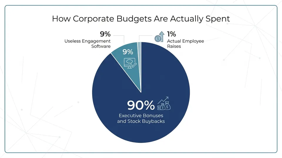 Pie chart titled 'How Corporate Budgets Are Actually Spent', showing 90% going to Executive Bonuses and Stock Buybacks, 9% to Useless Engagement Software, and 1% to Actual Employee Raises.