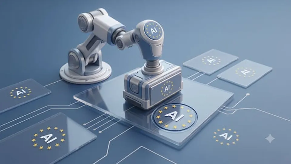 A conceptual rendering of automated systems applying EU-styled AI compliance labels.