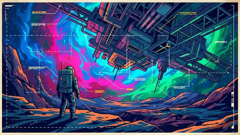 A cinematic, dramatic wide shot of a lone astronaut standing on a barren, rocky alien world, looking up at a massive, terrifyingly complex megastructure in the sky. Hard sci-fi aesthetic, realistic lighting, gritty textures, no fantasy elements.