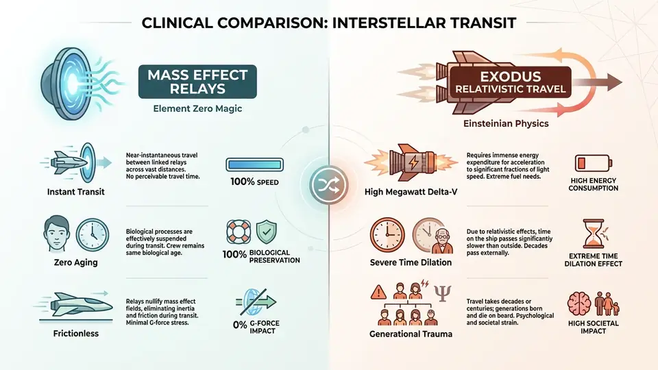 A clinical comparison chart showing 'Mass Effect Relays vs. Exodus Relativistic Travel'. Left side shows 'Element Zero Magic: Instant Transit, Zero Aging, Frictionless'. Right side shows 'Einsteinian Physics: High Megawatt Delta-V, Severe Time Dilation, Generational Trauma'.