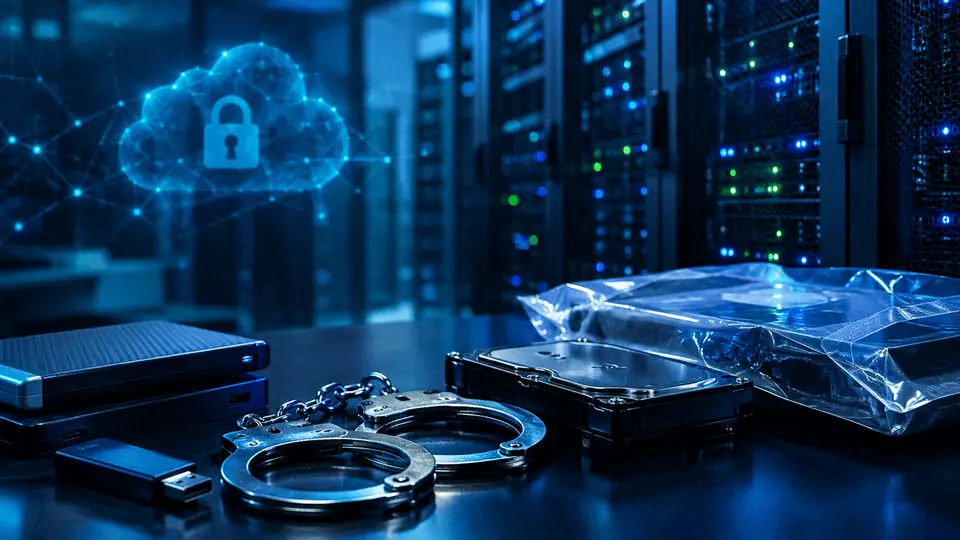 Digital evidence and handcuffs displayed against a server background illustrate a law enforcement cyber investigation.
