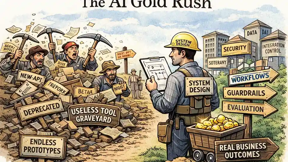 An editorial illustration depicting the shift from chaotic AI prototyping to structured system design and governance.