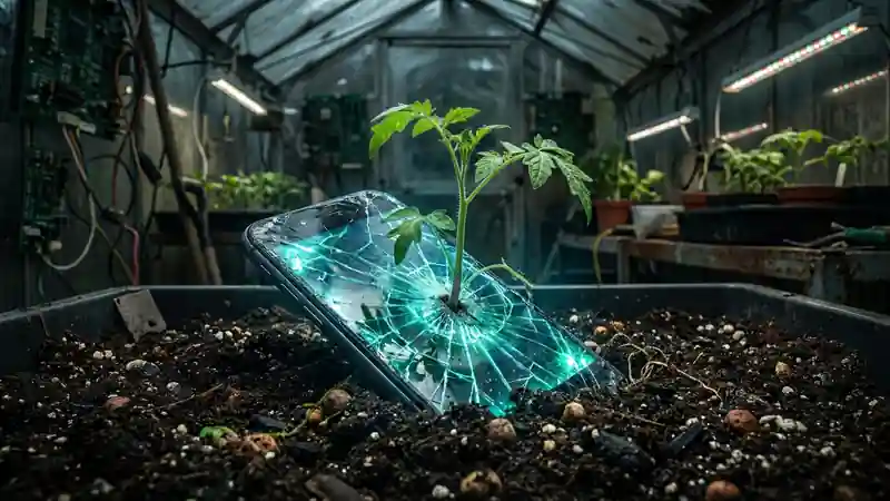 A glowing, cracked smartphone buried in rich, dark potting soil with a bright green tomato seedling sprouting directly through the shattered glass screen, cynical cyberpunk agrarian aesthetic.