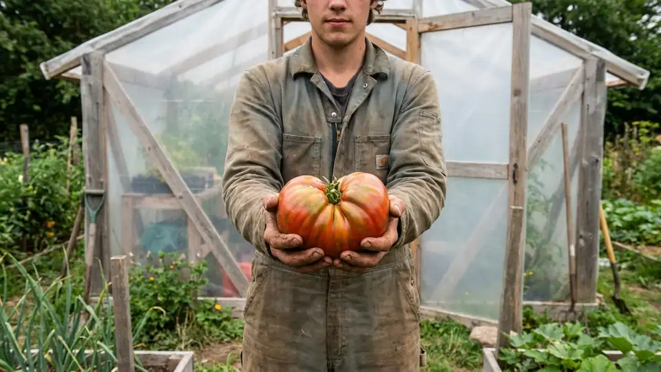A young adult with dirt under their fingernails holding a massive, freshly harvested heirloom tomato, standing in front of a DIY backyard greenhouse, gritty documentary photography style.