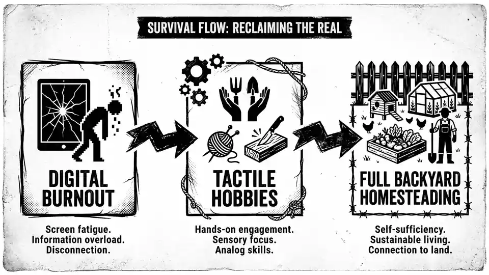 Flow chart showing the transition from 'Digital Burnout' to 'Tactile Hobbies' to 'Full Backyard Homesteading', stylized as a gritty survival manual diagram with stark black and white graphics.