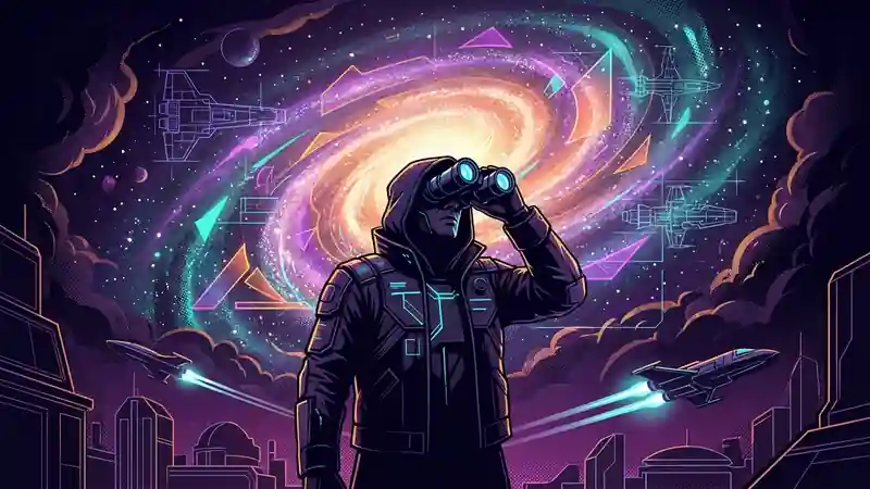 A highly conceptual, dramatic low-angle shot of a person holding binoculars against a massive, glowing Milky Way galactic core, rendered in a gritty, high-contrast cyberpunk aesthetic.