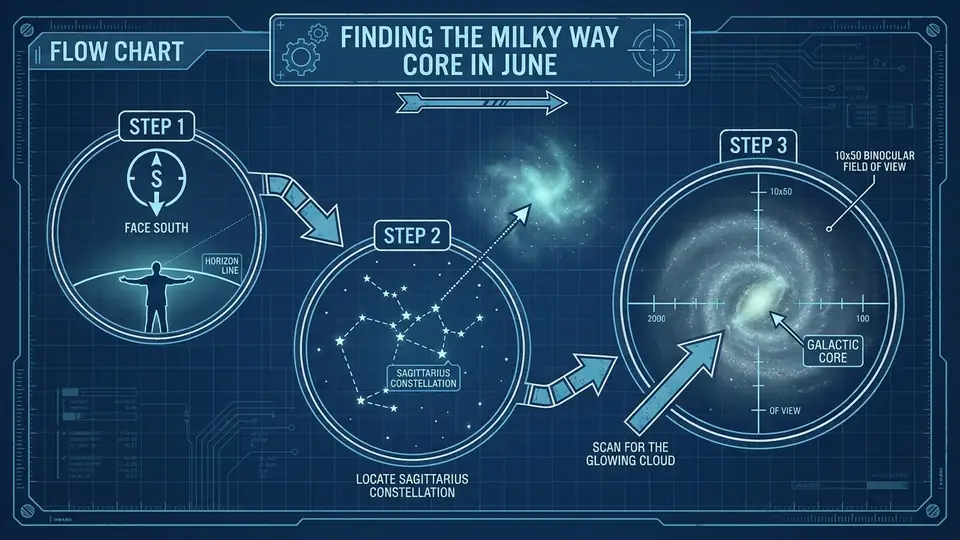 Flow chart, retro-tech blueprint style. Title: Finding the Milky Way Core in June. Step 1: Face South. Step 2: Locate Sagittarius constellation. Step 3: Scan for the glowing cloud. Labels: Galactic Core, Horizon Line, 10x50 Binocular Field of View.