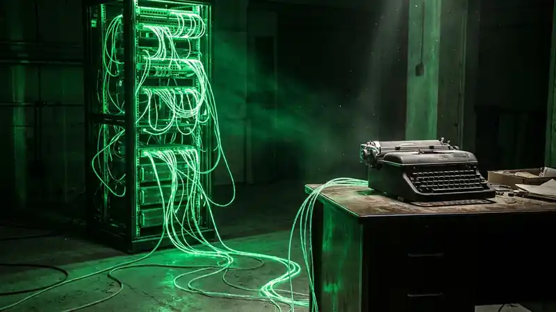 A glowing cyberpunk server rack in a dark room, cables connecting to a vintage typewriter, neon green and black color palette, high contrast, gritty editorial photography.