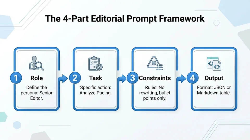 Flow chart, minimalist technical style. Title: The 4-Part Editorial Prompt Framework. Boxes: 1. Role (Define the persona: Senior Editor). 2. Task (Specific action: Analyze Pacing). 3. Constraints (Rules: No rewriting, bullet points only). 4. Output (Format: JSON or Markdown table).
