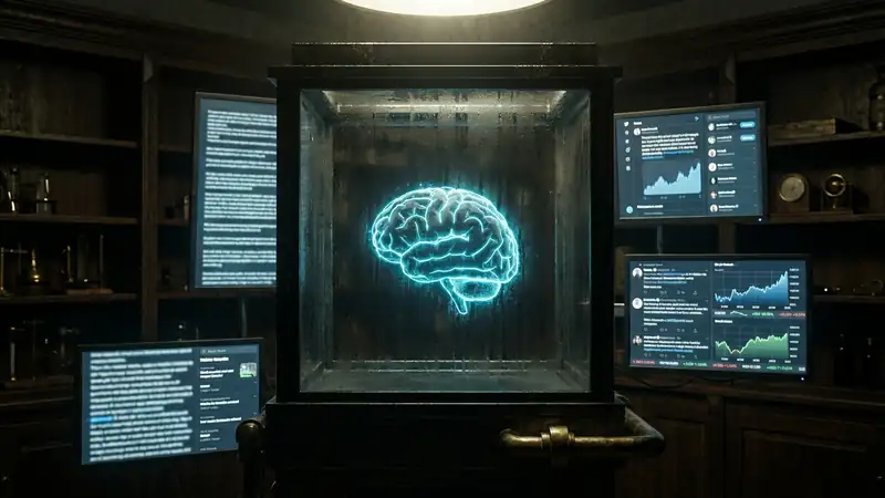 A cinematic, gritty image of a human brain glowing with neon blue circuitry, suspended in a dark laboratory vat, surrounded by digital screens showing social media feeds and stock market tickers, hyper-realistic, dark academia aesthetic.
