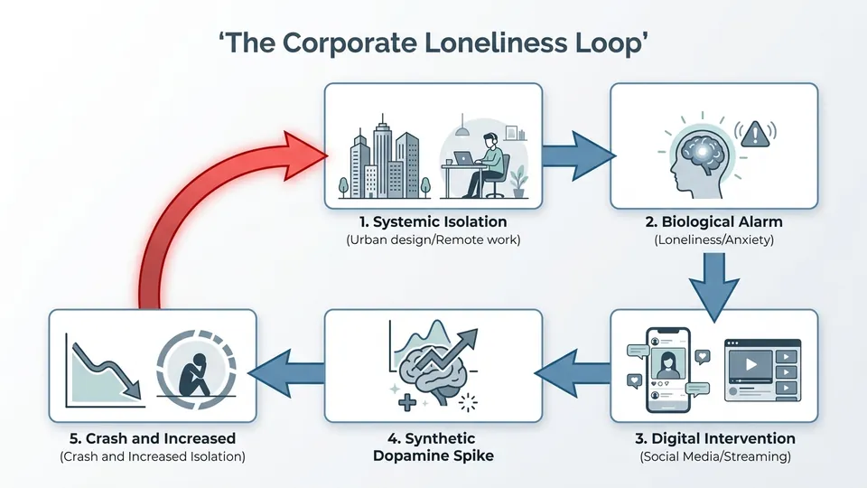 A flow chart titled 'The Corporate Loneliness Loop'. Labels: 1. Systemic Isolation (Urban design/Remote work). 2. Biological Alarm (Loneliness/Anxiety). 3. Digital Intervention (Social Media/Streaming). 4. Synthetic Dopamine Spike. 5. Crash and Increased Isolation. The loop repeats with a red arrow.