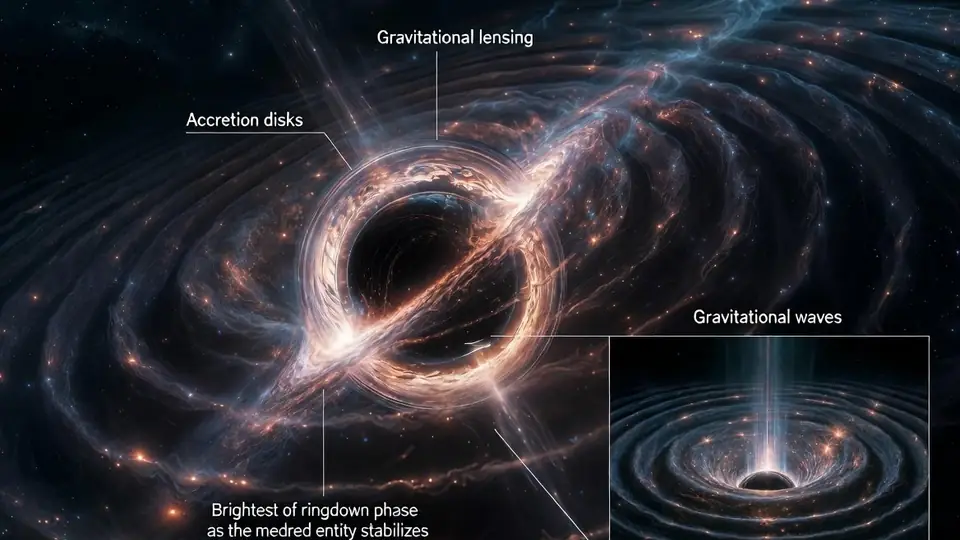 An annotated scientific illustration showing gravitational waves propagating from a black hole's event horizon.