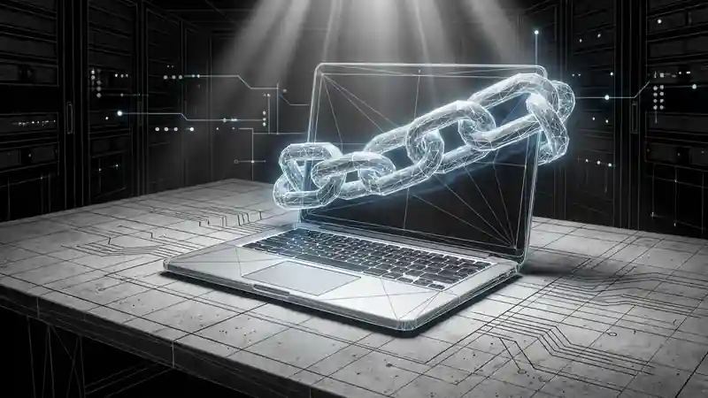 A sleek, silver aluminum laptop tightly wrapped in heavy, glowing digital chains, resting on a stark concrete desk. High contrast, dramatic lighting, cyberpunk aesthetic.