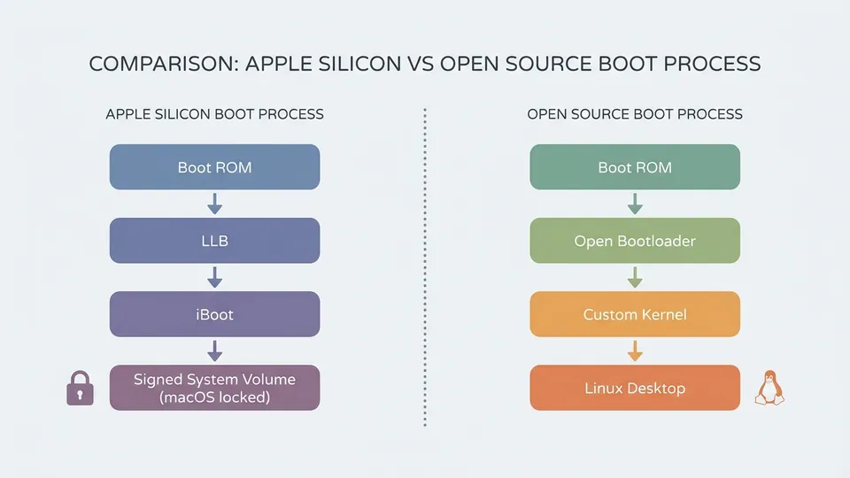 Flow chart showing the Apple Silicon Boot Process vs Open Source Boot Process. Clean minimalist design. Left side labels: Boot ROM -> LLB -> iBoot -> Signed System Volume (macOS locked). Right side labels: Boot ROM -> Open Bootloader -> Custom Kernel -> Linux Desktop.