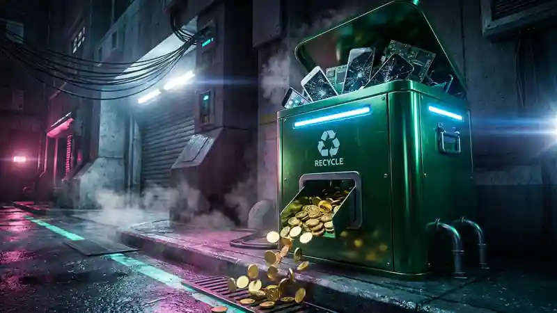 Gritty, high-contrast editorial photography of a shiny green corporate recycling bin eating broken smartphones and spitting out solid gold coins, dramatic lighting, cyberpunk aesthetic.