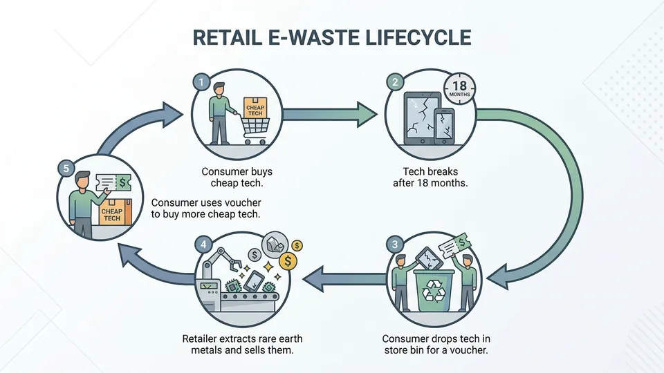 Flow chart showing the lifecycle of retail e-waste. Step 1: Consumer buys cheap tech. Step 2: Tech breaks after 18 months. Step 3: Consumer drops tech in store bin for a voucher. Step 4: Retailer extracts rare earth metals and sells them. Step 5: Consumer uses voucher to buy more cheap tech.
