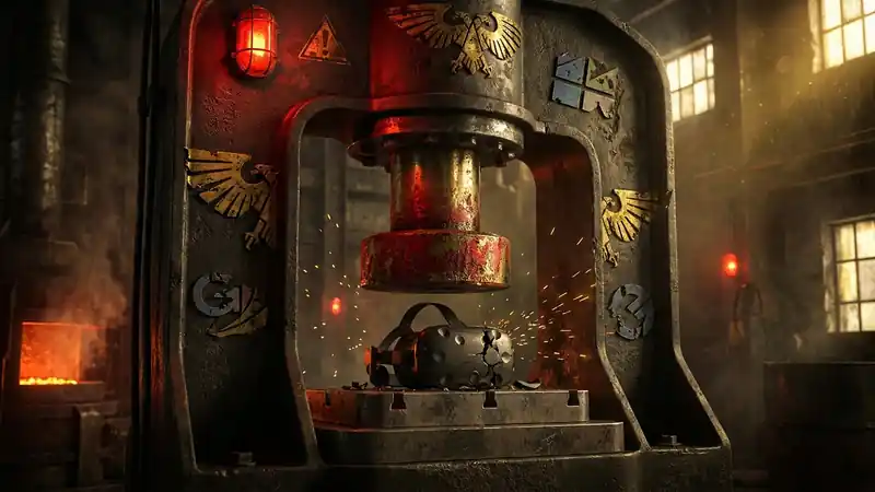 A dark, cinematic image of a VR headset being crushed by a heavy industrial press with a red and gold aesthetic, symbolizing corporate surrender to regulatory pressure.