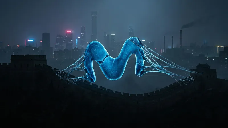 A cinematic, dark digital art piece showing a large blue 'M' logo being pulled apart by invisible threads against a backdrop of the Great Wall and a cold, industrial Beijing skyline at night.