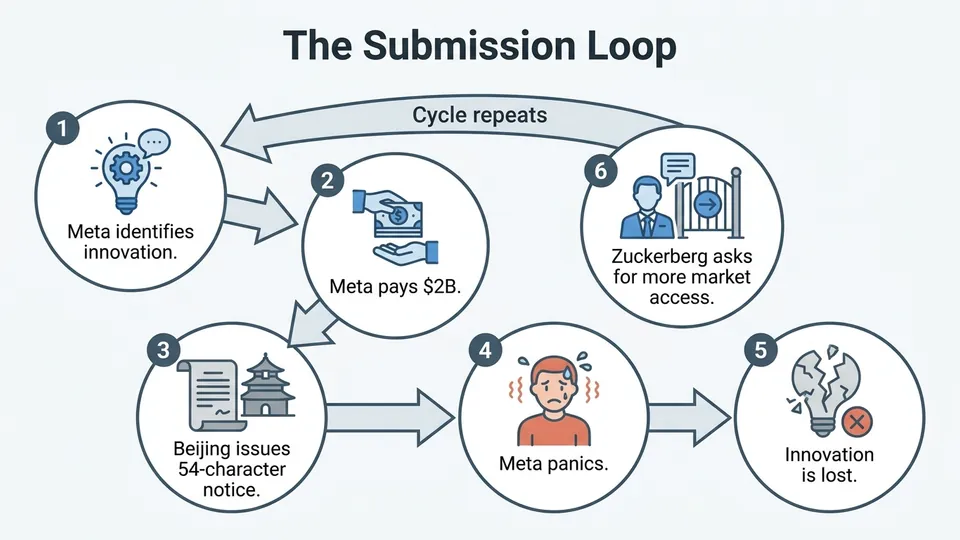 Flow chart titled 'The Submission Loop'. Step 1: Meta identifies innovation. Step 2: Meta pays $2B. Step 3: Beijing issues 54-character notice. Step 4: Meta panics. Step 5: Innovation is lost. Step 6: Zuckerberg asks for more market access. Cycle repeats.