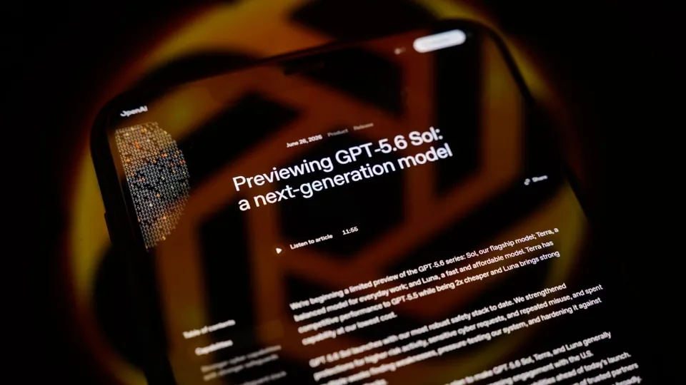 A smartphone screen displays an announcement for OpenAI's next-generation GPT-5.6 Sol model.