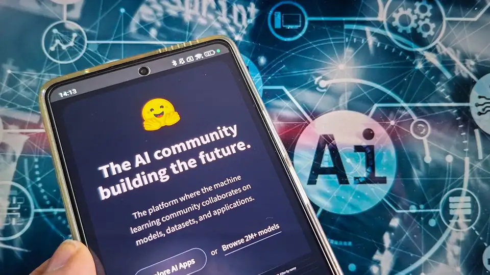 The Hugging Face platform displayed on a mobile device, set against an abstract digital AI network background.