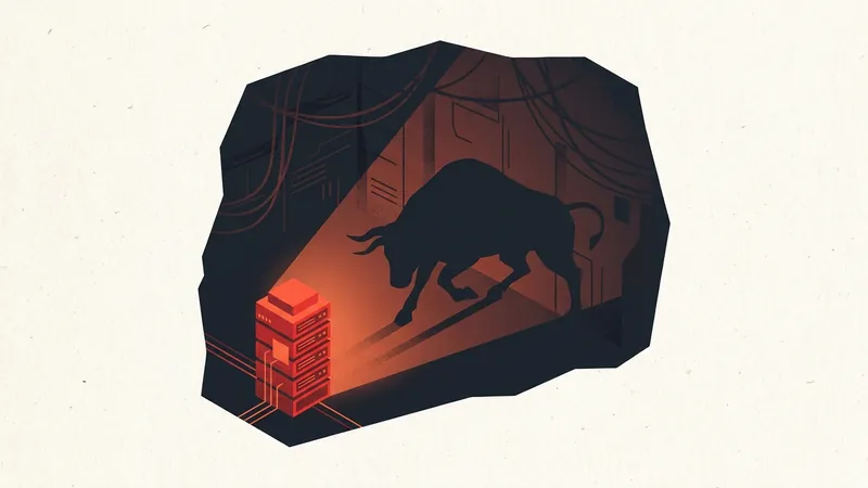 A cinematic, low-angle shot of a glowing red server rack inside a dark, cavernous data center, with a giant Wall Street bull shadow cast on the wall. Gritty, corporate espionage aesthetic.